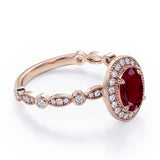 Vintage Halo 1.35 Carat Oval Cut  Lab Ruby And Diamond Art Deco Engagement Ring In Rose Gold