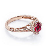 Modern Art Deco 1.10 Carat Round Cut  Lab Ruby And Diamond Cushion Framed Halo Engagement Ring In White Gold
