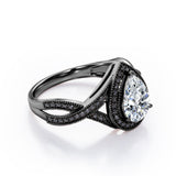 Milgrain Pave Channel - 1.5 TCW Teardrop Moissanite with Lab Created Black Diamond - Halo Design Engagement Ring in White Gold