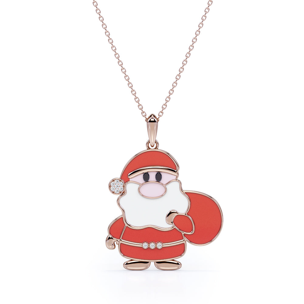 Christmas Santa Claus Diamond Enamel Pendant Necklace in 18K White Gold Plating over Silver