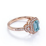 Perfect 1.50 Carat emerald cut Aquamarine and Diamond Halo Engagement Ring in Rose Gold