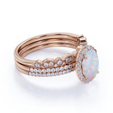 Affordable 2 Oval Ethiopian Antique Opal Ring and Halo Diamond in Trio Wedding set