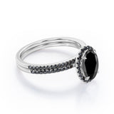 1.7 ct Ovate Lab Black Diamond Halo Wedding Ring Set