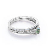 Dainty Solitaire 1.25 Carat Round Cut Genuine Dendritic Moss Agate with Diamond Pave Band Art Deco Wedding Ring Sets
