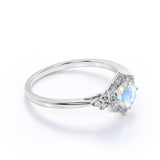 Leaf Design 1.50 Carat Round Cut Blue Moonstone and Diamond Channel Engagement Ring in Rose Gold