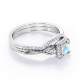 Cushion Halo Prong - 0.85 TCW Princess Cut Moonstone and Moissanite - Infinity Split Shank Wedding Ring Set -  White Gold