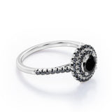 Double Halo Cluster - 1.5 TCW Round Shape Lab Created Black Diamond - Pave Accented Engagement Ring in White Gold