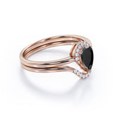 Unique 1.25 Carat Teardrop Shape Lab Black Diamond Bridal Set with contour band in White Gold