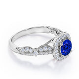 Antique Milgrain 1.35 Carat Round Cut Sapphire And Diamond Halo Engagement Ring In Rose Gold