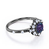 Clustered Halo 1.30 Carat Round Cut Lab Created Alexandrite And Diamond Beaded Antique Engagement Ring In White Gold
