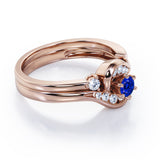 6 Prong Tension Design - 0.55 TCW Round Shaped Blue Sapphire and Moissanite - Flush Chanel Wedding Ring Set - White Gold
