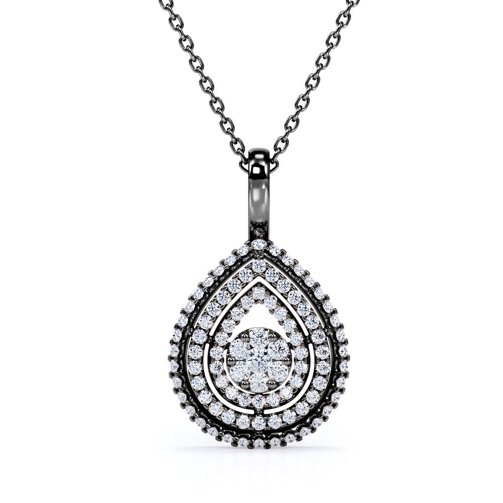 Layered Pear Halos 0.45 carat Round Moissanite/ Diamond Pendant in 18k White Gold Over Silver