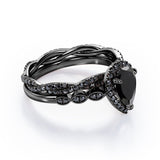 Eternity Crossover 1.75 TCW Pear Shaped Lab Created Black Diamond Halo-Vintage Style Wedding Ring Set in White Gold