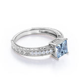 1.2 Carat Princess Cut Aquamarine And Diamond Antique Engagement Ring In White Gold
