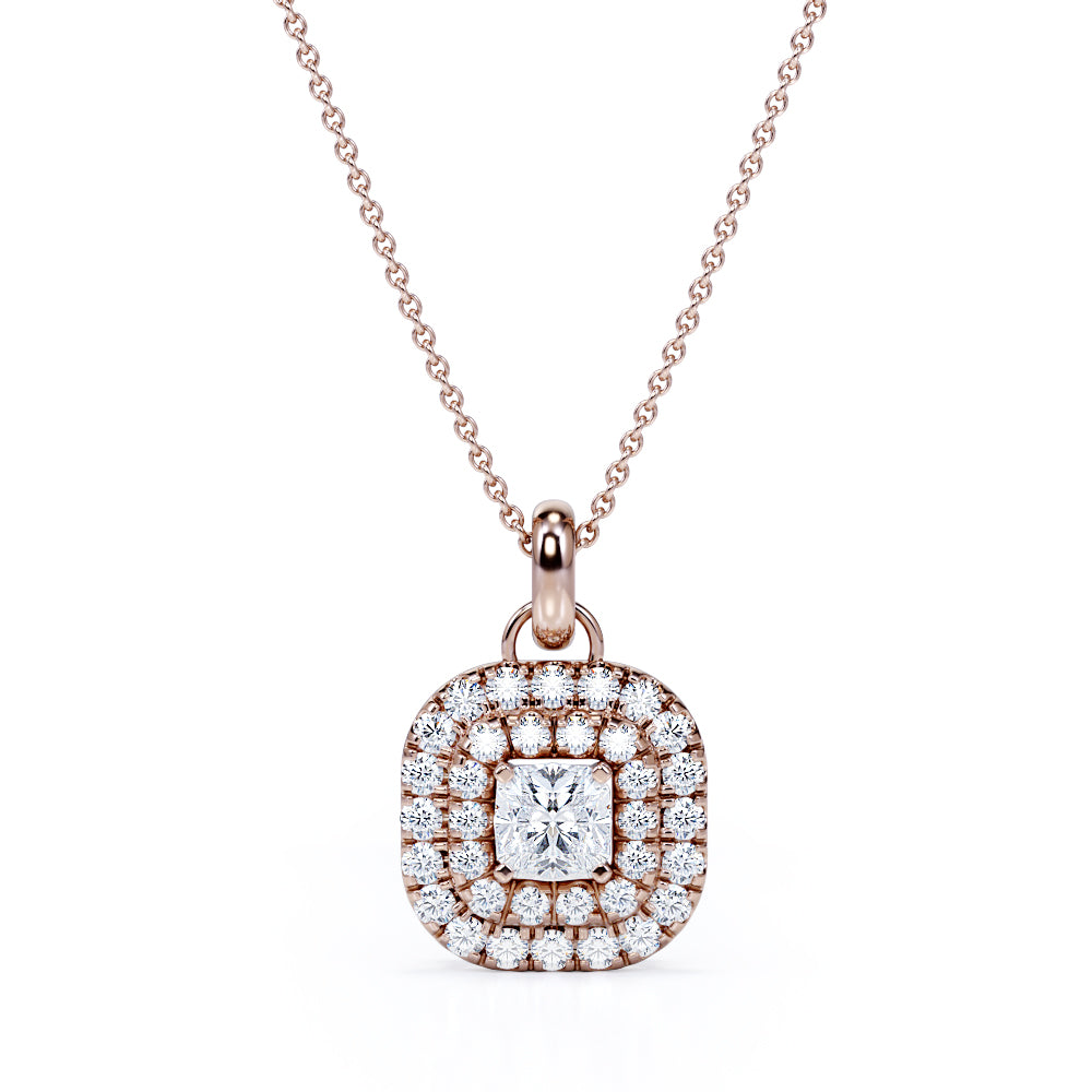 Floating Claw Set 1.50 Carat Princess Cut Certified Moissanite and Diamond Double Halo Single Bail Pendant Necklace in White Gold