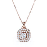 Floating Claw Set 1.50 Carat Princess Cut Certified Moissanite and Diamond Double Halo Single Bail Pendant Necklace in White Gold