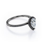 Halo Design 1.45 TCW Pear Cut Moissanite with Lab Created Black Diamond Scalloped Pave Engagement Ring in Rose Gold