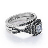 Filigree Twisted Pave 1.75 TCW Princess Cut Moissanite with Lab Created Black Diamond Rounded Square Double Halo Bridal Set in Rose Gold