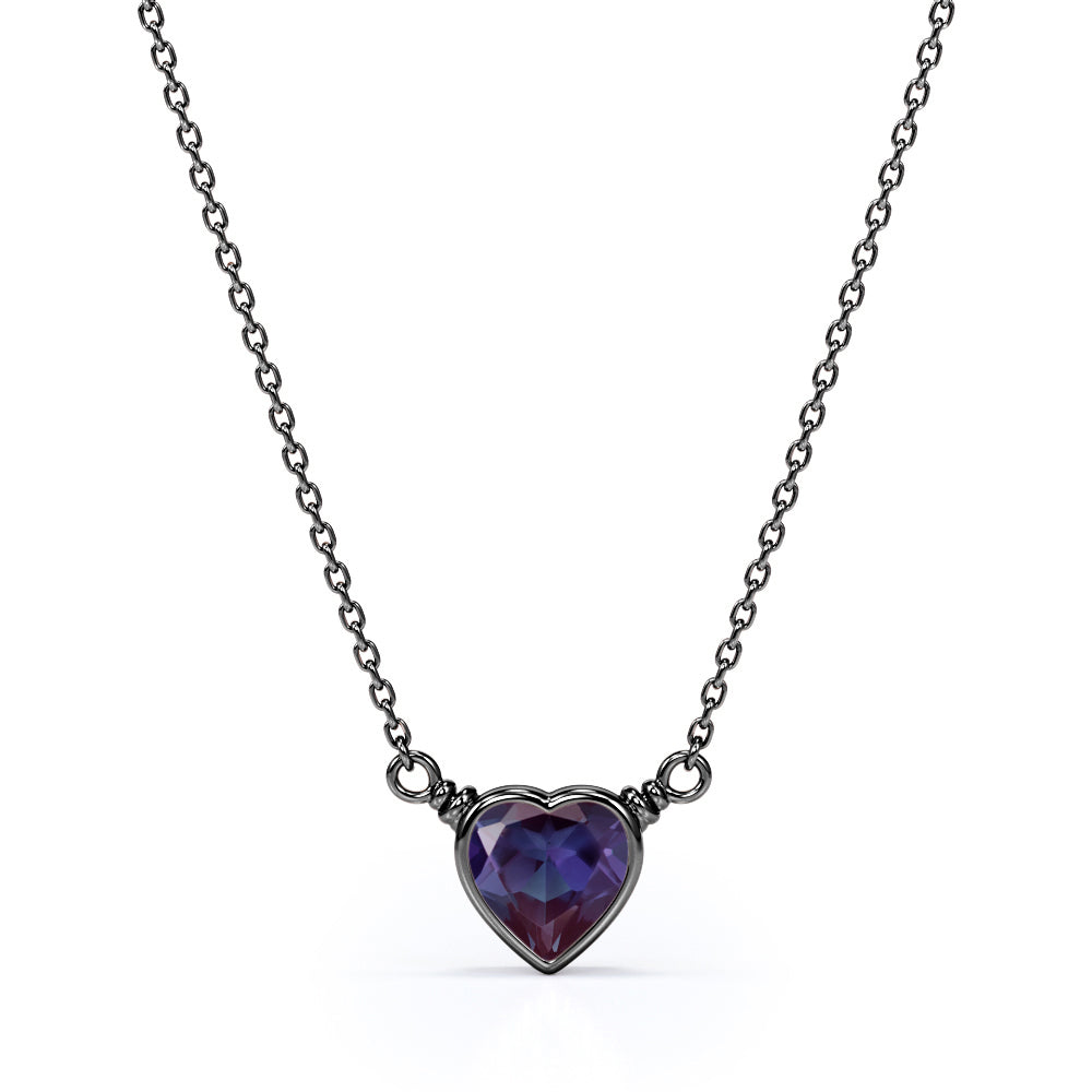 Romantic 0.5 Carat Heart Shaped Lab Created Alexandrite Bezel Set Pendant Necklace In White Gold