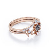 Non Traditional Solitaire 0.75 Carat Round Cut Black Rutilated Quartz and Diamond Filigree Bridal Set Rings