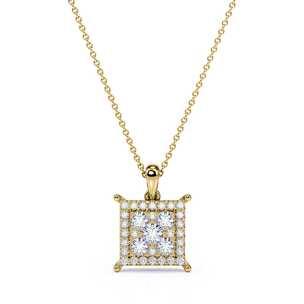 Snowy Filled Squared 0.7 carat Round Moissanite and Diamond Pendant and Necklace 18k Rose Gold Over Silver