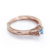 Dainty Solitaire 0.5 Carat Round Cut Real Aqua Sky Blue Aquamarine Filigree Engagement Ring