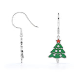 Christmas Tree Certified Lab Diamond Enamel Wire Hook Earrings in 18K White Gold Plating over Silver