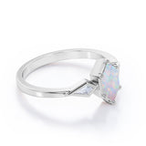 Elongated 1.10 Carat Hexagon Shaped Genuine Opal And Diamond Three Stone Trilogy Engagement Ring In Black Gold