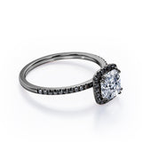 Classic Halo Setting - 1.5 TCW Cushion Cut Moissanite with Lab Created Black Diamond - Pave Style Engagement Ring in Black Gold
