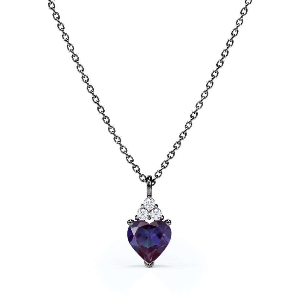 Delicate 1.05 Carat Heart Shaped Lab Created Alexandrite and Diamond Three Prong Pendant Necklace In White Gold For Her