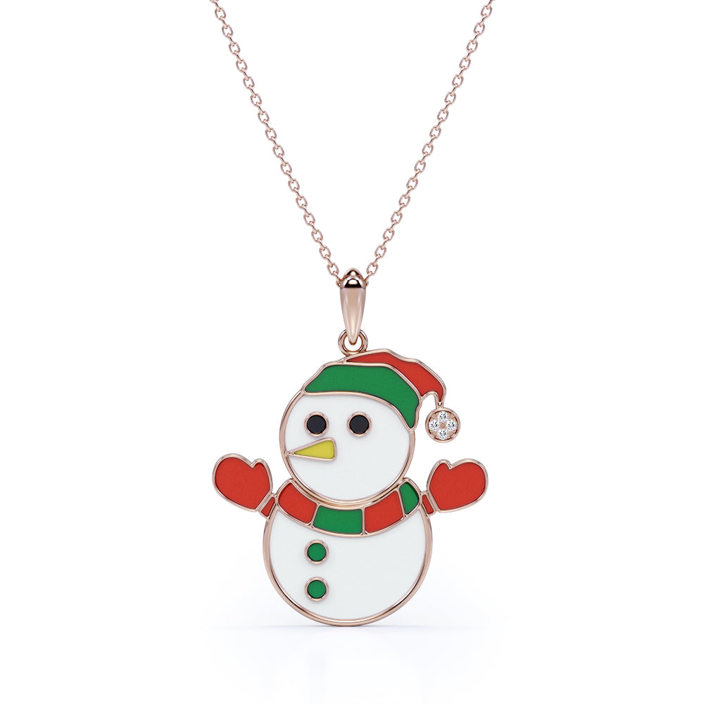 Christmas Snowman Diamond Enamel Pendant Necklace in 18K White Gold Plating over Silver