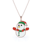 Christmas Snowman Diamond Enamel Pendant Necklace in 18K White Gold Plating over Silver