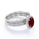 Stylish Vintage Design 2 Carat Oval Cut Lab Ruby and Diamond Halo Trio Wedding Ring Set in White Gold