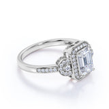 1.75 Carat Emerald Cut Moissanite and Diamond Halo Engagement Ring in White Gold