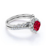 Vintage Floral Cluster 1.50 Carat Cushion Cut Lab Ruby and Diamond Halo Wedding Set in White Gold