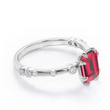 Sharp Eight Claws 1.10 Carat Emerald Cut Ruby And Diamond Beaded Engagement Ring In White Gold