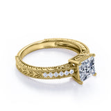 Art Deco Pave Set 0.50 Carat Princess Cut Diamond Vintage Milgrain Engagement Ring In White Gold