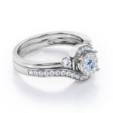 Pave-Prong Design 0.55 TCW Round Shape Aquamarine and Moissanite Bridal Ring Set in White Gold