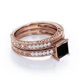 1.50 carat princess cut Black Diamond vintage milgrain bridal set ring in white gold