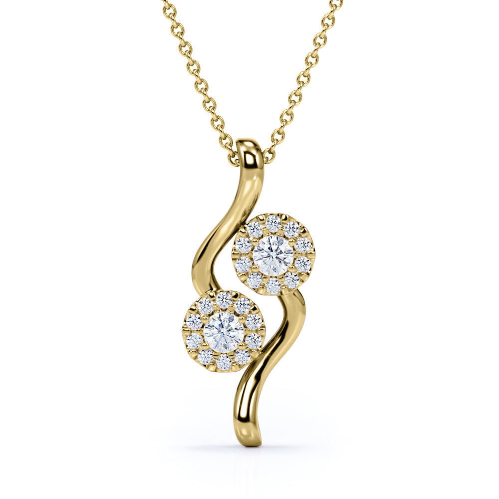 Up-Side Down 0.3 carat Round Moissanite and Diamond Double Curve Pendant and Necklace in 18k Rose Gold Over Silver