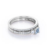 1.15 Carat Princess Cut Aquamarine And Diamond Channel Wedding Ring Set In White Gold