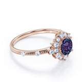 Clustered Halo 1.30 Carat Round Cut Lab Created Alexandrite And Diamond Beaded Antique Engagement Ring In White Gold