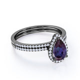 Intricate Traditional Halo 1.75 Carat Pear Cut Lab Grown Alexandrite and Diamond Half Eternity Pave Bridal Set Rings