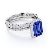 Classic Halo 2.25 Carat Emerald Cut Sapphire and Diamond Wedding Set with Eternity Band in White Gold