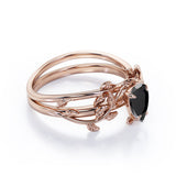 1 ct Pear Lab Black Diamond Leaf Style Bridal Set