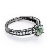 Classic Four Prong 1.45 Carat Round Cut Green Moss Agate And Diamond Vintage Milgrain Engagement Ring In Rose Gold