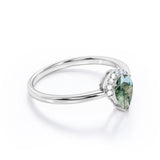 Lovely Half Bezel 1.50 Carat Teardrop Shape Banded Moss Green Agate and Diamond Pave Minimalist Engagement Ring