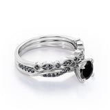 Milgrain Filigree Decorated 1.6 TCW Round Shaped Lab Created Black Diamond Twisted Pave Wedding Set in White Gold