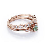 Classic Milgrain 1.50 Carat Round Cut Genuine Banded Moss Green Agate and Diamond Marquise Dot Art Deco band Bridal Set Rings