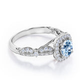 Antique Milgrain 1.35 Carat Round Cut Aquamarine And Diamond Halo Engagement Ring In White Gold